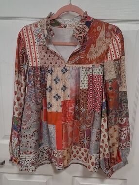 Patchwork Floral Peasant Blouse - Multi/Orange
